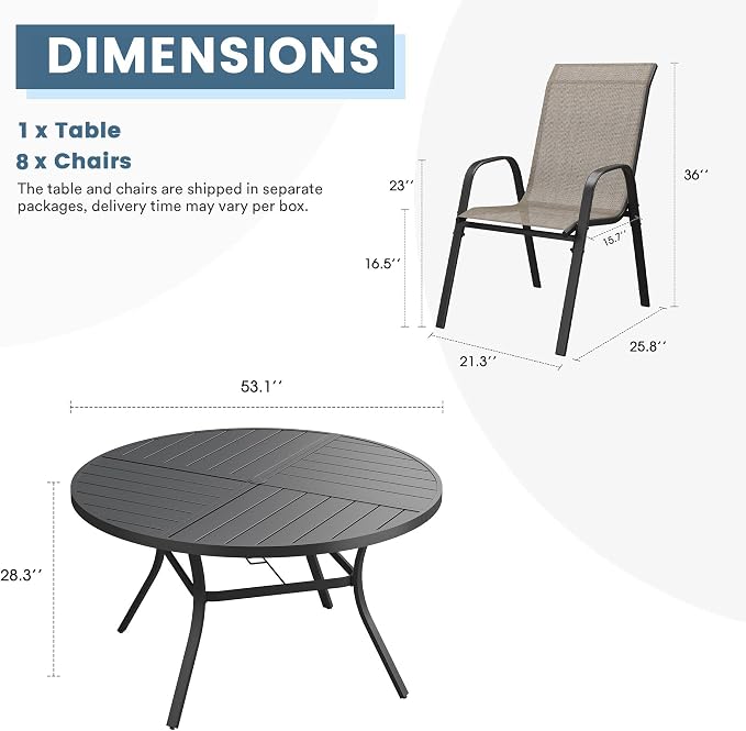 DIFY 9 Piece Outdoor Dining Set, 53" Black Round Metal Dining Table and Brown Textilene Stackable Patio Chairs, Patio Table and Chairs Set for 8 with Umbrella Hole for Backyard Garden Deck