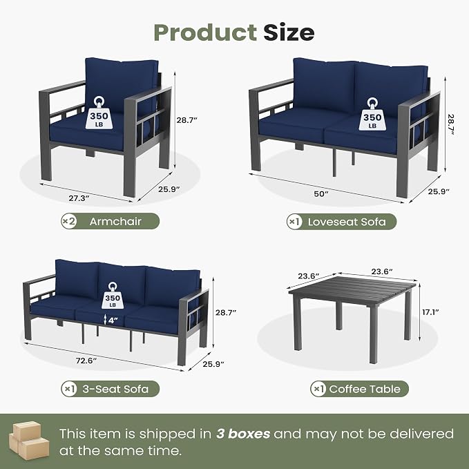 5 Piece Aluminum Patio Furniture Set, Thick Cushions, Aluminum Outdoor Sectional Conversation Set with Coffee Table for Porch, Backyard, Deck(Grey/Navy Blue)