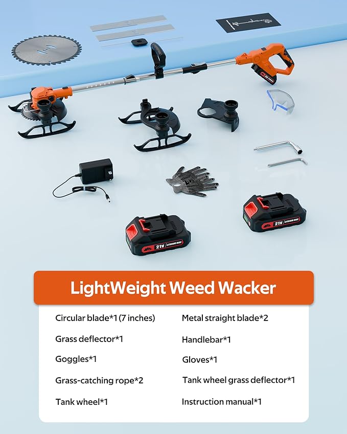 3 in 1 Cordless Weed Wacker, 21V Battery Powered Weed Eater, Lightweight Grass Trimmer/Edger/Lawn Mower/Brush Cutter with 2 x 2.0Ah Batteries and 3 Types Blade for Garden and Yard