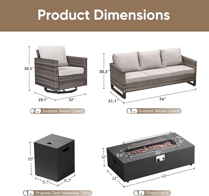 HUMMUH Patio Furniture Set with Fire Pit Table,5 Piece Wicker Outdoor Conversation Sets -Outdoor Swivel Rocker Chairs Patio Sofa for Porch,Garden,Backyard