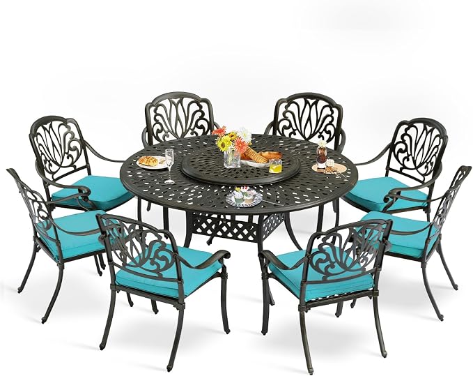 9-Piece Patio Furniture Dining Set, All Weather Cast Aluminum Outdoor Conversation Set- 61" Round Patio Dining Table with Detachable Lazy Susan, 8 Cushioned Chairs, Umbrella Hole, Ocean Blue