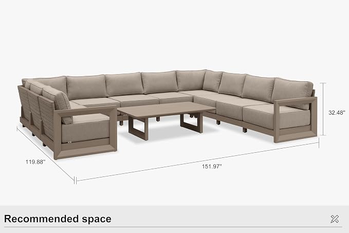 PURPLE LEAF Patio Furniture Set U-Shaped Outdoor Couch with 9.6" Thick Cushion and Soft Pillows 11 Piece Outdoor Sectional Sofas with Table Modern Outdoor Conversation Sets for Yard Porch Deck, Khaki