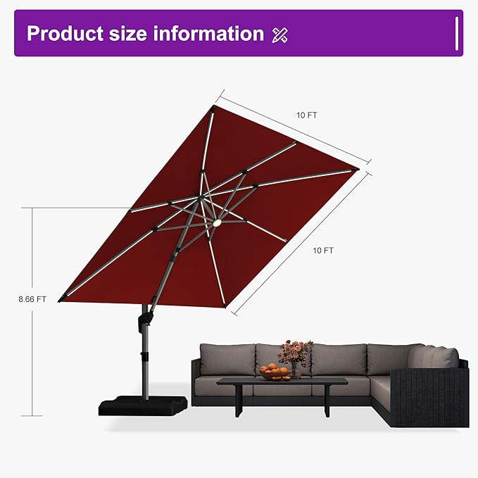 PURPLE LEAF 10 Feet Patio Umbrella with Lights Outdoor Square Cantilever Umbrella Solar Powered LED with 360-degree Rotation for Garden Deck Pool Patio, Brick Red