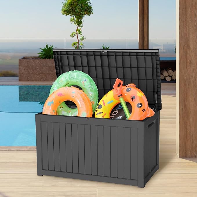230 Gallon Deck Box, Waterproof Resin Large Outdoor Storage Box, Lockable Patio Storage for Furniture Cushions, Gardening Tools, Pool Supplies, Black, 57.5"x31.9"x33.9"