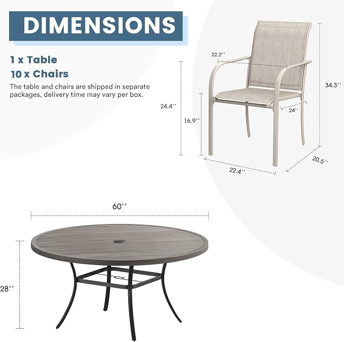 DIFY 11 Pieces Outdoor Patio Dining Set for 10, 60" Grey Wood-Like Round Metal Dining Table and 10 Sandshell Stackable Textilene Patio Chairs, Outdoor Table and Chairs for Backyard Garden Poolside