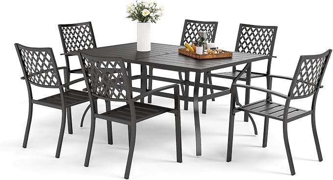 MFSTUDIO Outdoor Dining Set for 6, Patio Table and Chairs Set with Umbrella Hole, Metal Patio Furniture Dining Set for Deck Backyard Poolside Garden