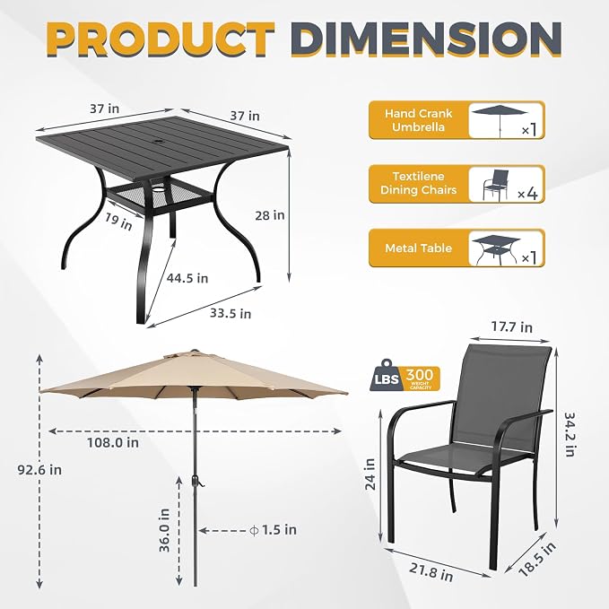 Crownland 5 Piece Patio Dining Set, Textilene Dining Sets, 4 Textilene Metal Chairs and Square Outdoor Dining Table with Khaki 9FT Round Outdoor Umbrella (Grey)