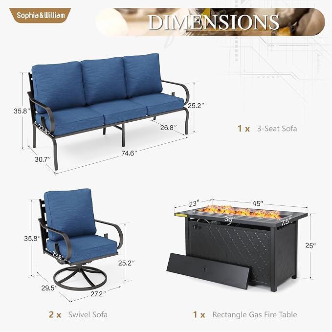 Sophia & William Patio Conversation Set for 5, 3-Seater Sofa, 2 Swivel Chairs and a 45" Fire Pit Table, Metal Outdoor Furniture with 5.75" Extra Thick Cushions, Navy