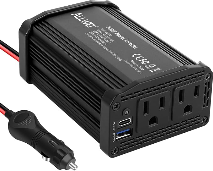 ALLWEI 300W Power Inverter 12V DC to 110V AC Car Plug Adapter Outlet Converter with 27W PD USB-C &18W USB-A Fast Charger, Car Cigarette Lighter Adapter for Phone, Laptop on Road Trip-Black