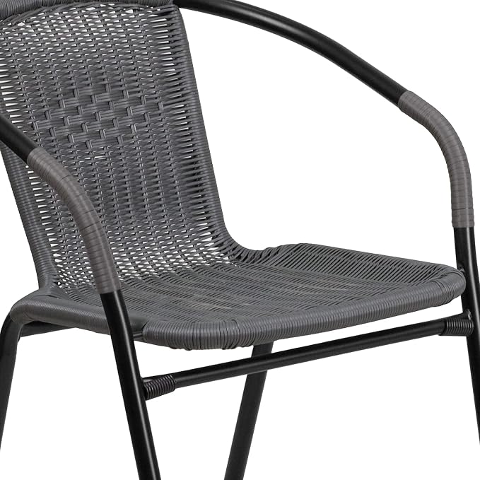 Flash Furniture Lila 28'' Square Glass Metal Table with Gray Rattan Edging and 2 Gray Rattan Stack Chairs
