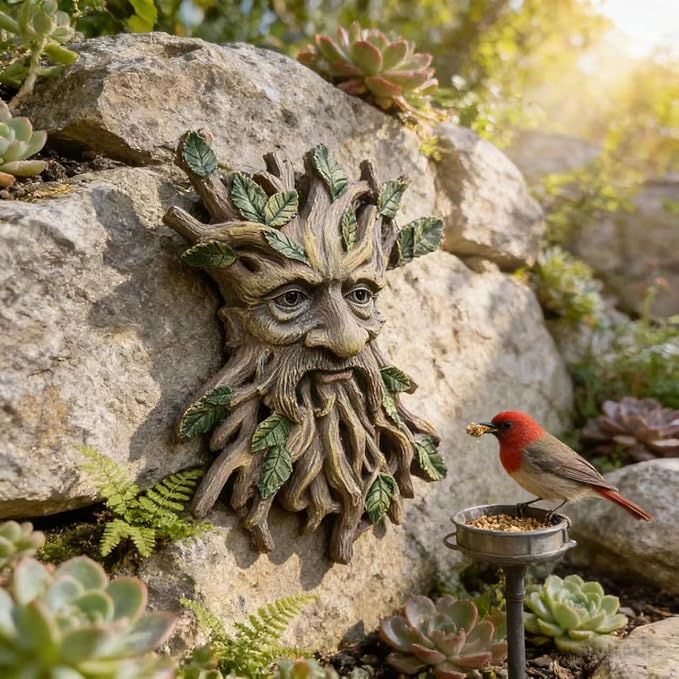 Whimsical Tree Face Garden Decoration ,Tree Faces Decor Outdoor Wallmounted Statue Art with Leaf Features, Outdoor Decor Garden Accessory (Nature and Outdoors)