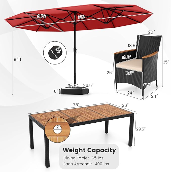 Tangkula 11 Piece Patio Wicker Dining Set w/Double-Sided Patio Umbrella, 8 Stackable Cushioned Chairs, 71" Acacia Wood Dining Table & 15 ft Umbrella with Weighted Base (Burgundy + Off White)