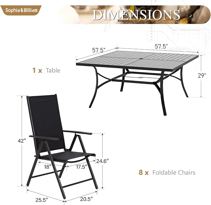 Sophia & William Patio Dining Set for 8, Metal Table & Black Folding Chairs | Light-weight & space-saving, Breathable & quick-drying, 8 person, Umbrella Hole, Weather-Resistant, Adjustable, Outdoor