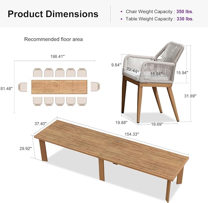PURPLE LEAF 13 Pieces Patio Dining Set Aluminum Modern Rectangular Table and Rattan Arm Chairs with Cushions for Kitchen Porch Garden Outdoor Furniture Sets