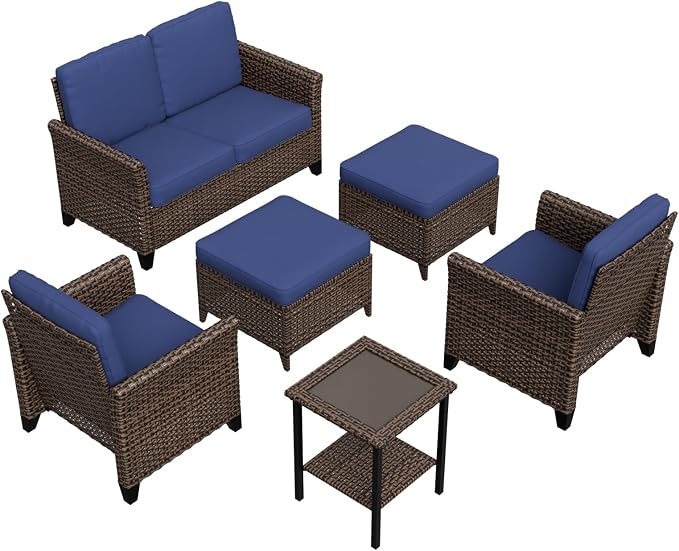 COOS BAY Harbor Retreat 6 Piece Outdoor Furniture Set, Patio Conversation Set with Patio Chairs, 2 Seat Loveseat, Side Table and Ottomans, Wicker Furniture, Brown/Blue