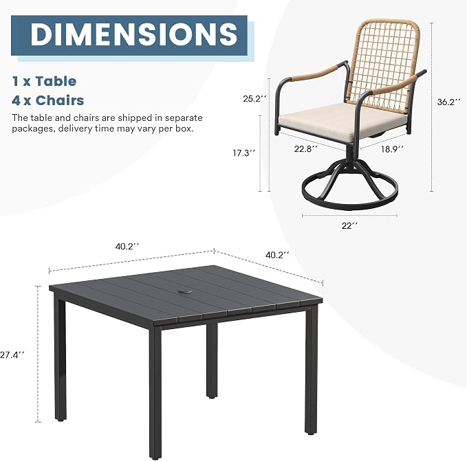 DIFY 5 Pieces Outdoor Dining Set, Metal Patio Table and Chairs Set for 4, 40.2" Square Dining Table with Umbrella Hole & Wicker Swivel Patio Chairs with Cushions, Black Tabletop