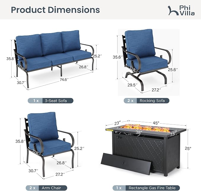 PHI VILLA Patio Furniture Set, 3-Seater Sofa, 2 Fixed Chairs, 2 Rocking Chairs and a 45" Fire Pit Table, Outdoor Metal Conversation Set with 5.75" Extra Thick Cushion for Garden Backyard Deck, Navy