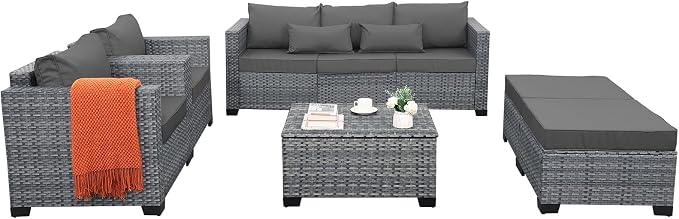 Lviden 6 Pieces Wicker Patio Furniture Sets Outdoor Conversation Set HDPE Rattan Sectional Sofa Couch with Storage Table and Non-Slip Cushions, Light Grey