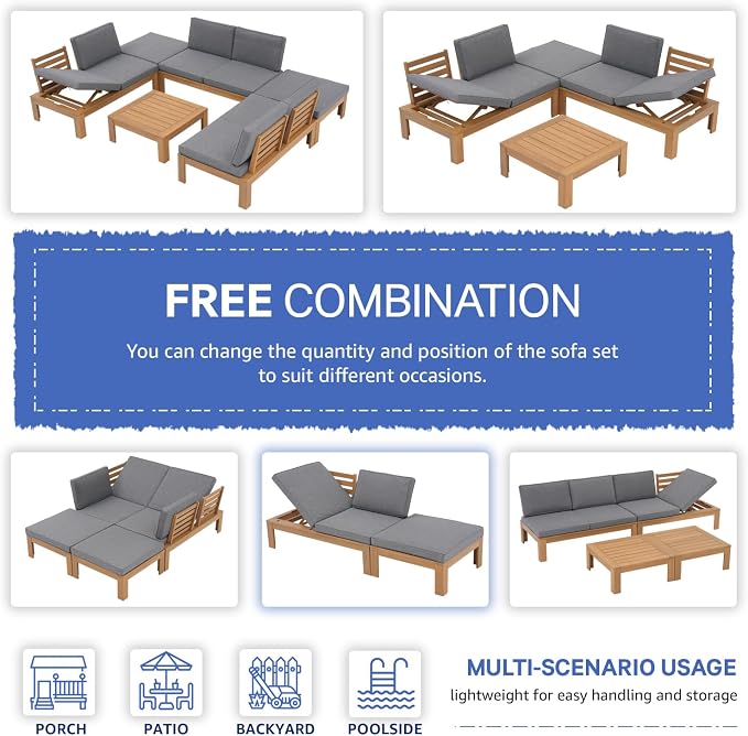 SUNSITT 6 Piece Acacia Wood Patio Furniture Outdoor Sectional Sofa Set with Adjustable Armrest, FSC Certified L-Shaped Patio Set w/2-in-1 Coffee Table, Grey Cushions