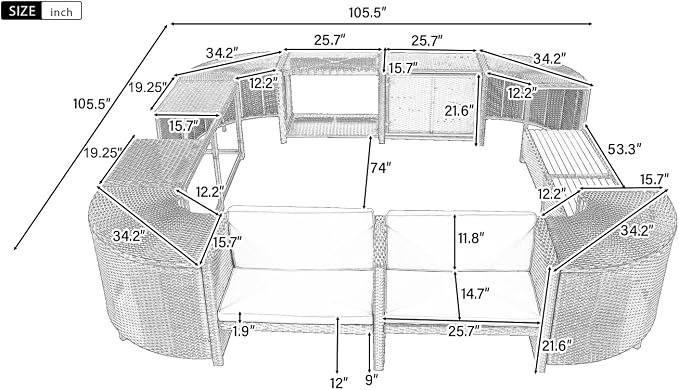 LUMISOL Patio Furniture Set, Spa Surround Outdoor Rattan Sofa Set with Wooden Seats and Storage Spaces, Quadrilateral Patio Sofa Set with Spa Surround Tub Frame for Patio, Backyard, Grey