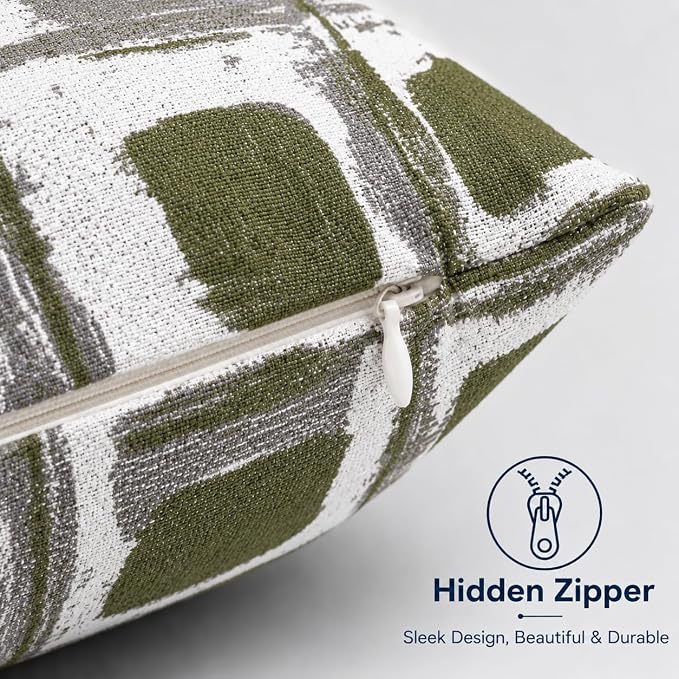 Outdoor Pillow Covers Waterproof Throw Pillow Covers, Set of 2 Jacquard Texture Water Resistant Fade Resistant Decorative Cushion Covers for Garden Patio Bench Couch Sofa, 18x18 Inch (Green Geometric)