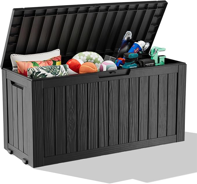 90 Gallon Outdoor Storage Box, Resin Deck Boxes Waterproof, Indoor Outdoor Bin for Package Delivery, Patio Cushions, Gardening Tools, Lockable, UV Resistant