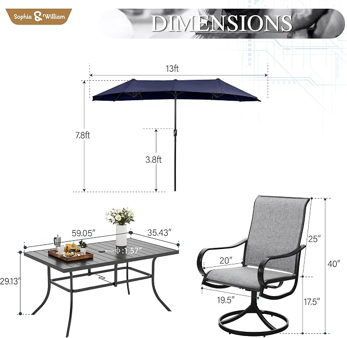 Sophia & William Patio Set with Umbrella 8 Pieces Outdoor Dining Set for 6 with 13ft Umbrella Navy Blue, 6 x Grey Swivel Patio Chairs with 59" Dining Table for Lawn Garden (No Umbrella Base)