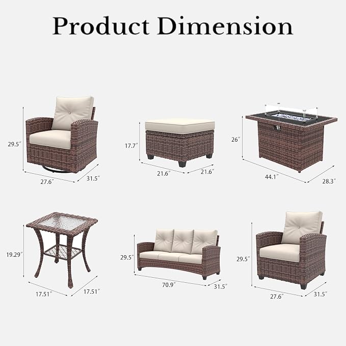 LayinSun 10 Pieces Patio Furniture Set with Swivel Chairs, Rattan Wicker Rocking Glide Chairs with 44" Propane Gas Fire Pit Table Conversation Set