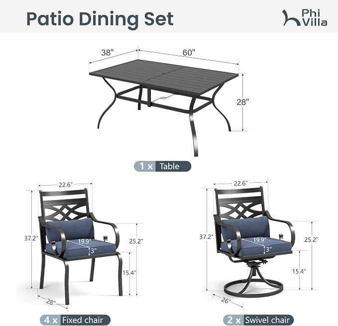 PHI VILLA 7 Pieces Outdoor Dining Set for 6 | 60" Table, Blue Cushion, Fixed & Swivel Chairs, 60" Rectangle Metal Table with Umbrella Hole & Fixed Swivel Chairs Combo