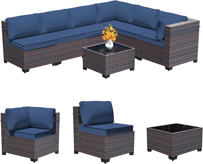7 Pieces Outdoor Patio Furniture Set,Outdoor Sectional Furniture All Weather PE Rattan Wicker Patio Conversation Set with Coffee Table and 6 Thickened Cushions,Navy Blue