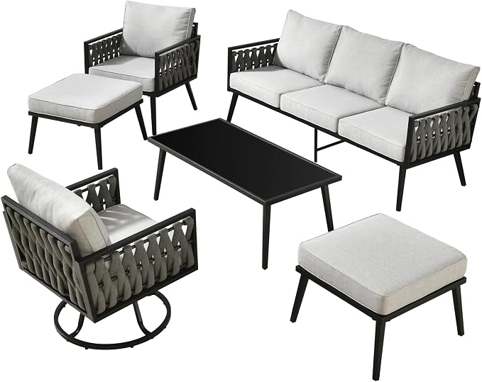 Outdoor Patio Furniture Set, 6-Piece Metal Conversation Furniture Sofa with Coffee Table, All Weather Patio Couch Sofa with Thick Cushions for Balcony Backyard,Light Grey