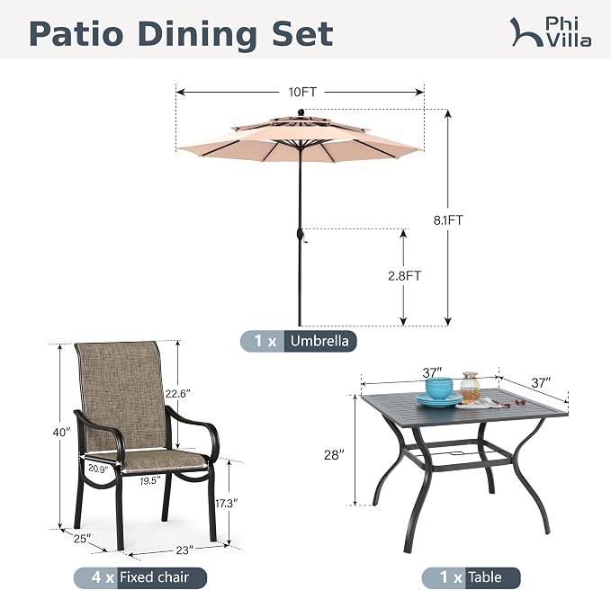 PHI VILLA 6 Pcs Patio Dining Set with 10ft Umbrella for 4, Mesh Chairs | 37" square metal table, 4 high-back textilene chairs, 10ft beige umbrella for outdoor, deck, lawn. Rust-resistant, easy-clean