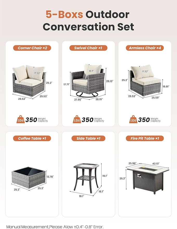 ovios 10 Piece Outdoor Patio Furniture Set with Fire Pit Table,Conversation Sectional Wicker Couch with Swivel Chairs,Modern Outside Sofa for Balcony Backyard, Beige