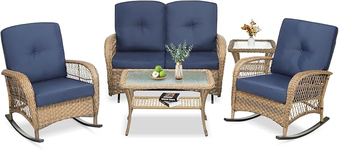 VIVIJASON 5-Piece Outdoor Patio Wicker Conversation Sets, All Weather Outdoor Rattan Furniture Set Includes Glider Loveseat, 2 Coffee Table, 2 Rocking Chairs with Cushions for Backyard, Navy Blue