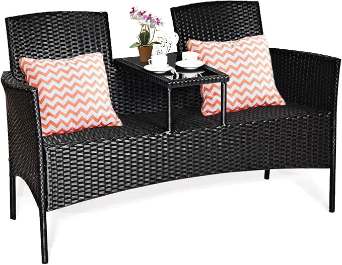 COSTWAY 2-Seat Patio Conversation Sets, Outdoor Patio Loveseat Set with Removable Cushions & Built-in Coffee Table for Backyard, Garden, Lawn, Balcony, Black+Beige