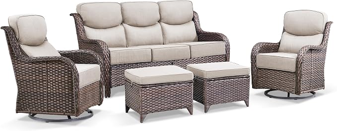Luxury 5 Piece Patio Furniture Set-All Weather Outdoor Swivel Rocker Chairs with 6" Thick Cushions Multifunctional Ottoman Rattan Patio Conversation Sets for Porch Deck Garden Backyard(Brown/Beige)