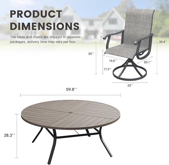 Outdoor Dining Set for 8, 60.1" Metal Round Outdoor Dining Table with Umbrella Hole and Sling Patio Swivel Chairs, 9 Pieces Patio Table and Chairs Set for Garden Backyard, Grey