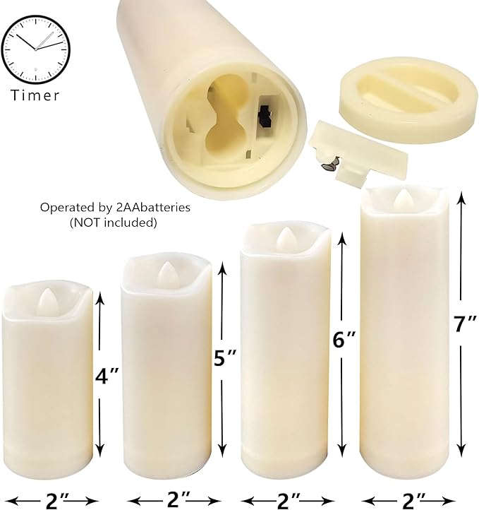 QIDEA 2”X7” Outdoor Waterproof Flameless Candles with Timer, Battery Operated Flickering Led Pillar Candles, Electric Plastic Fake Candles for Home Garden Wedding Halloween Xmas Decorations 4 Pack