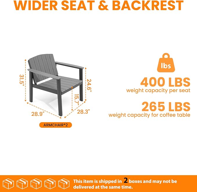 2 Pieces Aluminum Patio Furniture Armchair, All-Weather Outdoor Armchair Aluminum Frame HDPS Faux Wood, Patio Sofa Couch Set of 2 for Porch, Balcony, Deck, Yard Grey