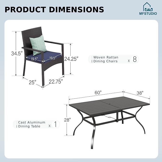 MFSTUDIO 7 Piece Outdoor Dining Set, 60” Rectangular Metal Table with Umbrella Hole & Cushioned Rattan Chairs, Patio Wicker Dining Table Furniture Set for 6, Deck, Porch