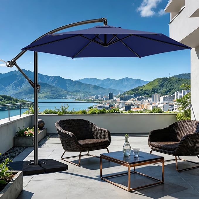 AreShark 10FT Patio Outdoor Umbrella, Offset Patio Umbrella Cantilever Umbrella, 6 Sturdy Ribs, Easy Adjustment for Garden Market Pool with Cross Base (Navy)
