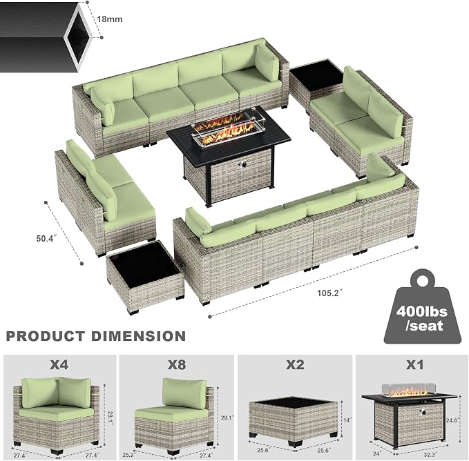 15-Piece Patio Furniture Set, Outdoor Patio Furniture with 55,000 BTU Fire Pit Table, Thick Cushions, Modular Patio Sofa, Dual-Strand Wicker Rattan, Rust-Resistant Frame, Light Green