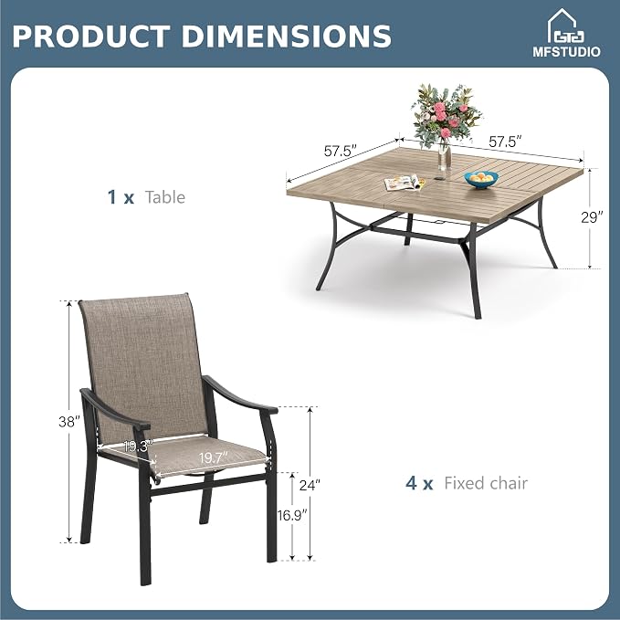 MFSTUDIO 9 PCS Patio Dining Set with 8 Sling Dining Chairs and 1 Square Wood Like Top Table for 8, All Weather Resistant Patio Furniture, Grey