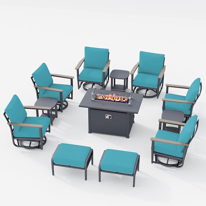 Aluminum Patio Swivel Rocking Chair Outdoor Bistro Set, 12pcs Patio Conversation Set Outdoor Patio Furniture Set with High Backrest & Thickened Cushions for Garden, Deck and Balcony, Turquoise