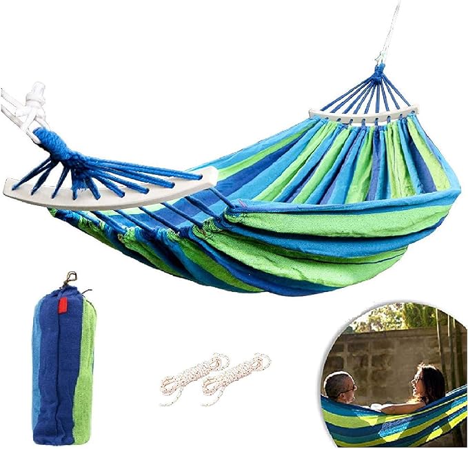 Outdoor Camping Canvas Fabric Portable Garden Ultralight Striped Hammocks with Strong Rope (100 cm, Wooden Curved Strip, Blue)