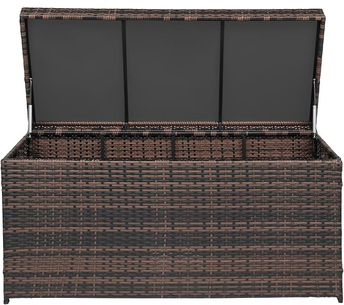 132 Gallon Resin Deck Box,Indoor Outdoor Lockable Storage Container,Ratton Patio Storage Box for Patio Furniture Cushions,Toys,Garden Tools,Pool Supplies (Brown)
