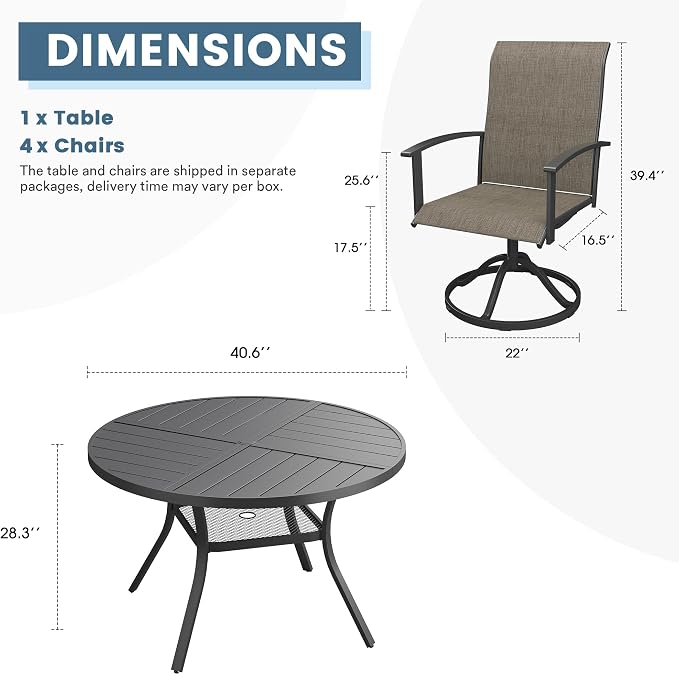 DIFY 5 Pieces Outdoor Dining Set, Metal Patio Table and Chairs Set for 4 with Umbrella Hole, 40.6" Black Round Table and Brown Textilene Swivel Patio Chairs for Garden, Backyard, Poolside