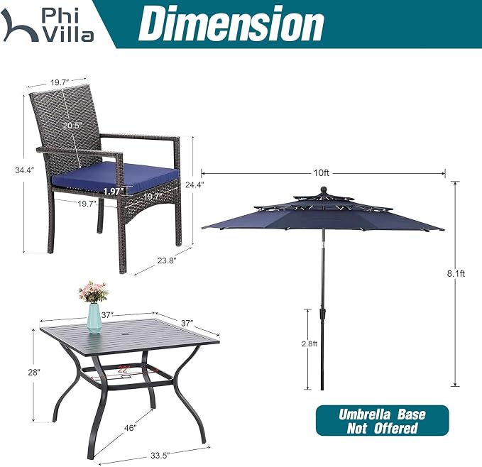 PHI VILLA 5pc Patio Dining Set with 10ft Blue Umbrella, 4 Rattan Chairs | Includes 37" square metal table, 4 cushioned rattan chairs, and 10ft blue umbrella. Perfect for patio, deck, yard, or porch
