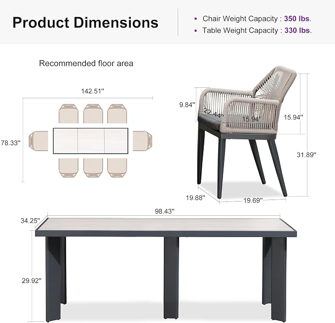 PURPLE LEAF 9 Pieces Patio Dining Set Aluminum Modern Rectangular Table and Rattan Arm Chairs with Cushions for Kitchen Porch Garden Outdoor Furniture Sets, Beige and Dark Grey