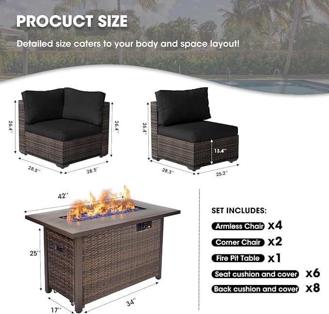 Grezone 7 Piece Patio Furniture Set with 44" Fire Pit Table, Outdoor Sectional Couch, PE Rattan Patio Conversation Sets with 4inch Cushions for Backyard Black (BK)
